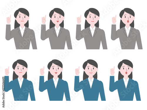 指差しをするスーツを着た女性のシンプルなイラストセット2
