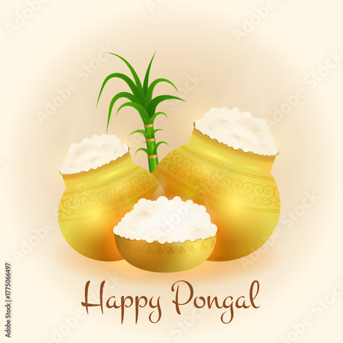 Happy Pongal greeting card with sugarcane, rice pots. Tamil Nadu harvest celebration, hindu cultural holiday, indian agriculture festival, festive poster. Vector illustration