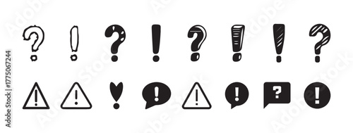 Set of question mark and exclamation mark icons. Hand drawn sketch style exclamation point sign, question mark. question and exclamation symbol finding the answer vector illustration eps 10