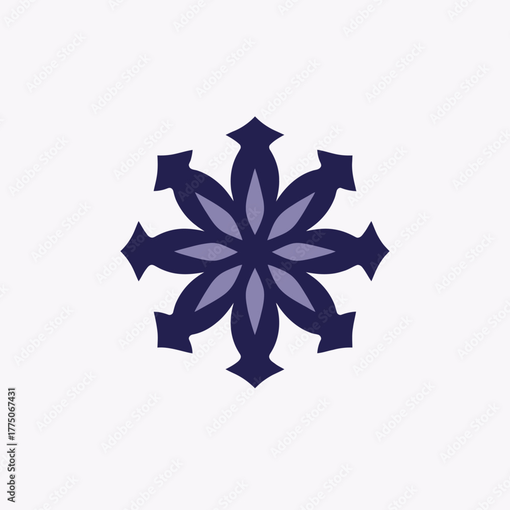 Obraz premium A stylized, symmetrical floral design with eight dark blue petals on a white background.