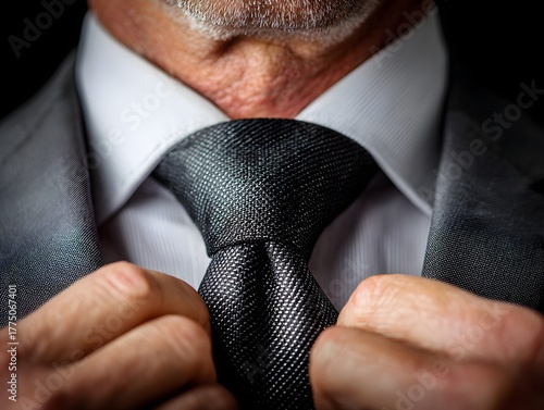 A mature businessman adjusting his textured black tie with confidence and wea a gray suit jacket close up.