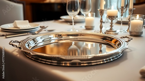 unanimity. Polished silver tray on a formal dining table reflecting fine cutlery and candlelight in soft ambient lighting. lifestyle magazines.