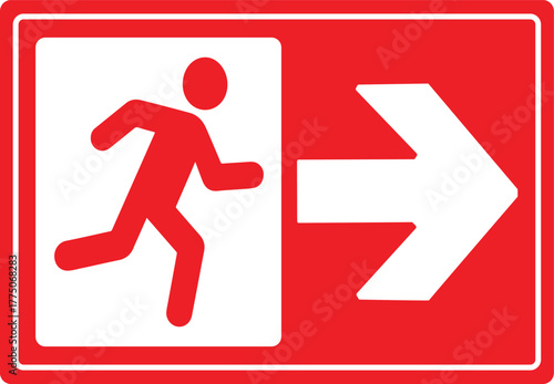 Red emergency exit sign with a running person pictogram and a white arrow pointing down, indicating the escape route.