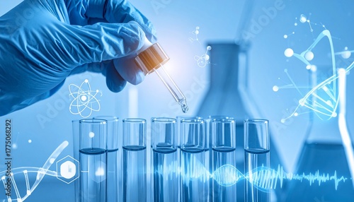 Scientific research laboratory experiment with droplets and test tubes, blue toned image