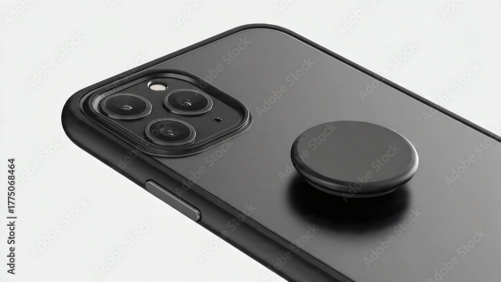 Fototapeta premium Modern smartphone back with triple-lens camera and circular grip accessory on protective case, on white background, highlighting contemporary mobile design