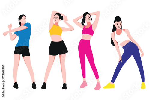 Flat illustration of women stretching and warming up in sports outfit, perfect for fitness, health, gym, wellness, and lifestyle themed design projects.