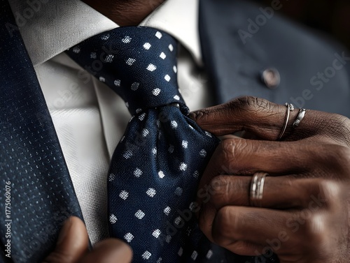 A well dressed Black man adjusts his patterned navy tie with his manicured fingers, ready for a meeting.