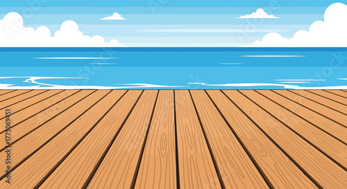 Wooden boardwalk leading to a bright blue ocean under a clear sky with fluffy white clouds