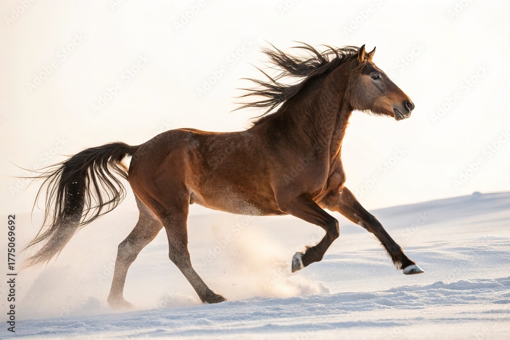 Fototapeta premium Brown Horse Galloping Across a Snowy Landscape in Motion