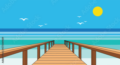 Wooden pier extending into a bright blue ocean under a clear sky with a yellow sun and flying seagulls