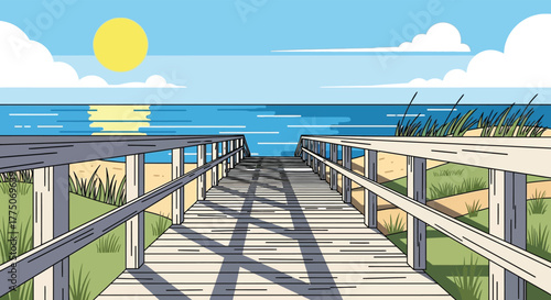 Wooden boardwalk leading to a serene ocean beach with a bright sun and blue sky overhead