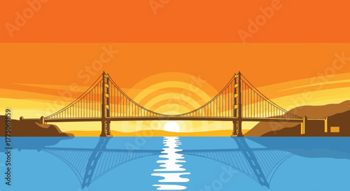 Iconic suspension bridge silhouetted against a vibrant orange and yellow sunset over calm blue water