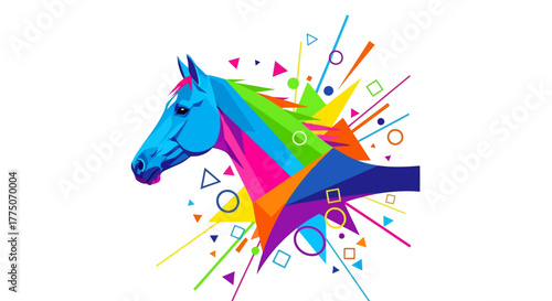 A vibrant, multicolored horse head created with geometric shapes and abstract elements on a white background.