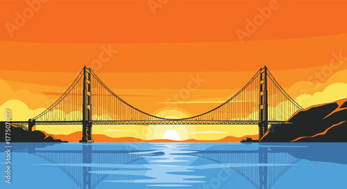 Iconic golden gate bridge at sunset with vibrant orange sky and calm water reflection