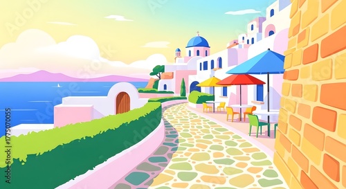 Fototapeta Naklejka Na Ścianę i Meble -  Vibrant Greek island cafe scene with colorful umbrellas, cobblestone path, and stunning seaside views, perfect for travel and lifestyle projects