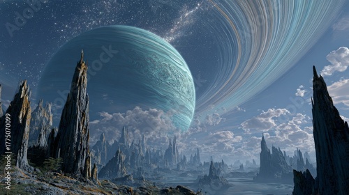 Alien landscape features towering rock formations, a colossal ringed gas giant, and a vibrant, star-filled sky