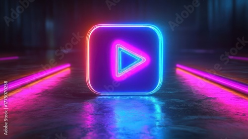 Wallpaper Mural Glowing neon play button icon with pink and blue lights on a reflective dark surface in a futuristic setting Torontodigital.ca