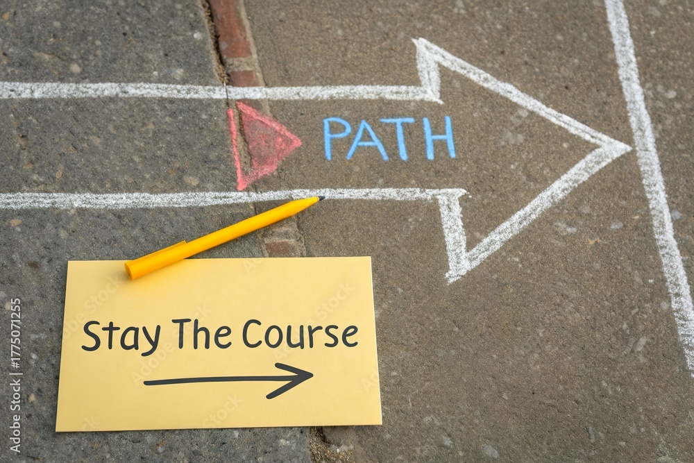 Fototapeta premium Chalk Diagram of Path Forward with Arrow and Stay The Course