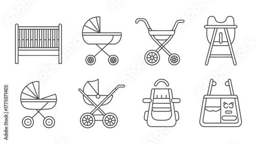 Adorable baby essentials line art set for nursery decor and parenting guides, evoking a sense of calm and care for new families