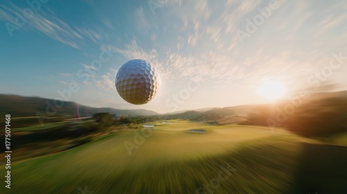 A dynamic and cinematic shot of a white golf ball flying mid-air over a golf course during sunset. The blurred motion effect and expansive landscape amplify the sense of speed and action, encapsulatin