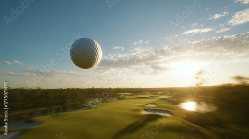A dynamic and cinematic shot of a white golf ball flying mid-air over a golf course during sunset. The blurred motion effect and expansive landscape amplify the sense of speed and action, encapsulatin