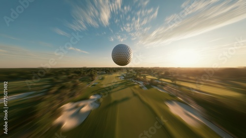 A dynamic and cinematic shot of a white golf ball flying mid-air over a golf course during sunset. The blurred motion effect and expansive landscape amplify the sense of speed and action, encapsulatin