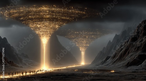 Two large, interconnected funnels, one collecting raw, chaotic data streams and the other emitting a refined, singular stream of glowing light, a metaphor for the customer feedback loop 