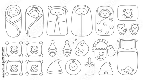 Adorable baby essentials line art featuring sleeping sacks, cute pillows, hats, and cribs for nursery projects or baby shower designs