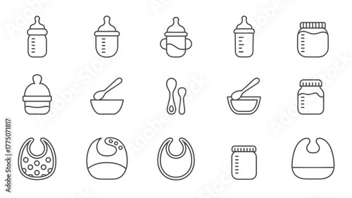 Essential baby feeding supplies in stylish outline icons celebrate new beginnings and the joys of parenthood for modern baby care brands