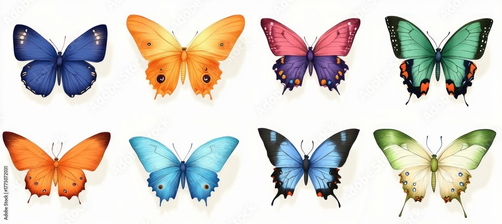 Fototapeta premium Collection of eight colorful butterflies with symmetrical wings showcasing a variety of vibrant colors and patterns against a white background