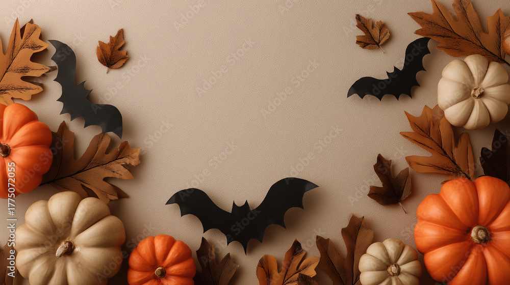 Obraz premium Flat lay of orange and white pumpkins, dried autumn leaves, and black paper bats on beige background, creating festive and spooky Halloween atmosphere