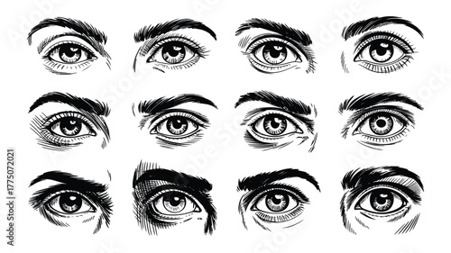 Expressive eyes with brows showcase diverse emotions and unique perspectives, perfect for creative projects or designs needing raw human element