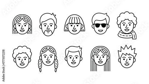 Diverse people faces in simple line art for avatars or icons, showcasing inclusivity and representing a broad range of characters with unique features