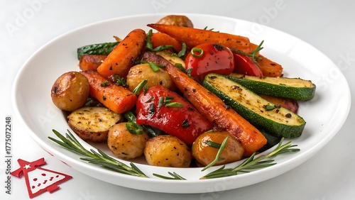 Healthy roasted vegetables with herbs in a white bowl