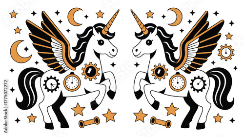 Whimsical steampunk unicorns with wings, gears, and stars create a magical, playful design perfect for kids' products and fantasy-themed projects