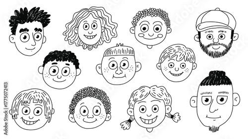 Playful cartoon faces expressing joy, perfect for children's books or cheerful designs, with diverse hairstyles and friendly smiles for creative projects