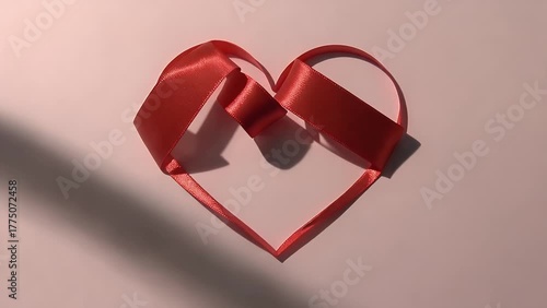 Symbol of Love and Affection Formed by a Red Ribbon Shaped into a Heart and Displayed on a Soft Pink