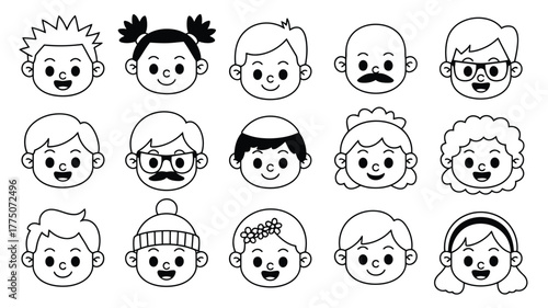 Diverse group of cartoon faces, a delightful collection of cheerful kids with unique hairstyles and expressions, perfect for adding a touch of fun and whimsy