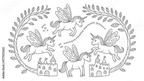 Enchanting winged unicorns soaring above whimsical castles in a magical forest, perfect for children's stories and fairytale designs full of fantasy