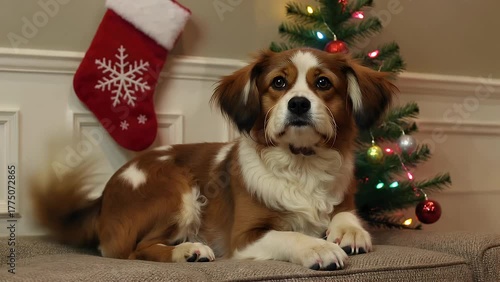 Adorable Pet Canine Relaxing on a Couch in Anticipation of a Year-End Holiday