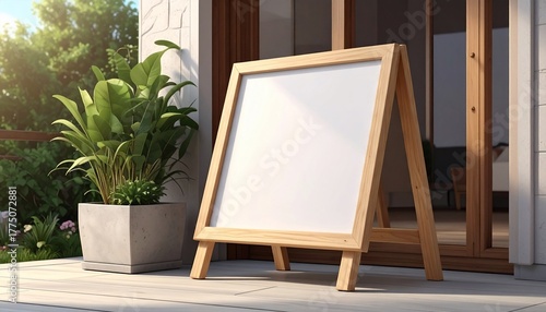 Wooden A-frame sign with a blank canvas and potted plant outside for advertisement purposes