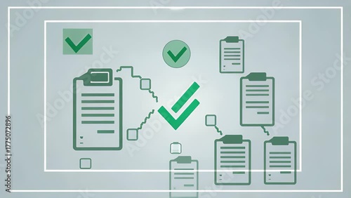 Graphic Illustration Depicting a Green Checkmark Symbol Connected by a Linkage System to a Document Icon Representing Project Approval and Quality Assurance