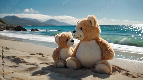 Large Teddy Bear and a Smaller Teddy Bear Seated Side by Side on a Sandy Shore Gazing Out at the Ocean