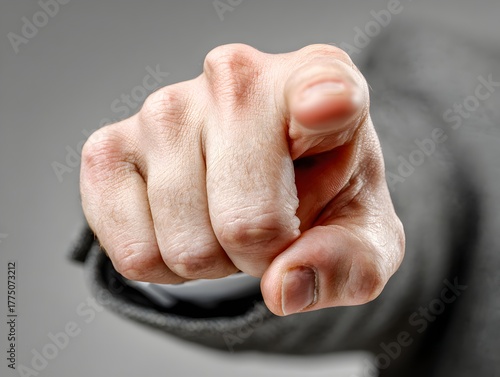 A hand in a suit points directly at the viewer with a serious and accusing gesture on gray background.