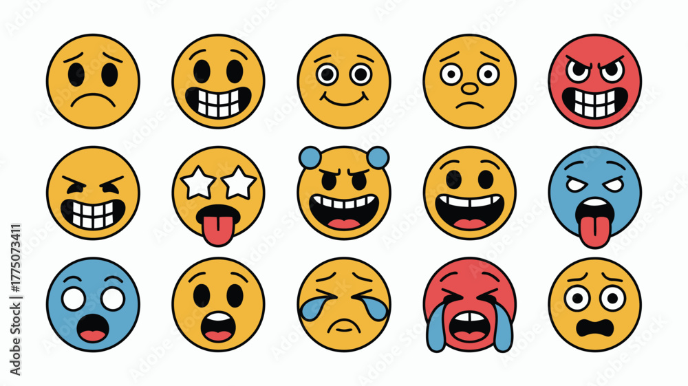 Fototapeta premium Expressive emojis reflecting diverse emotions, ideal for social media marketing and digital communication campaigns, bringing fun and relatable expressions