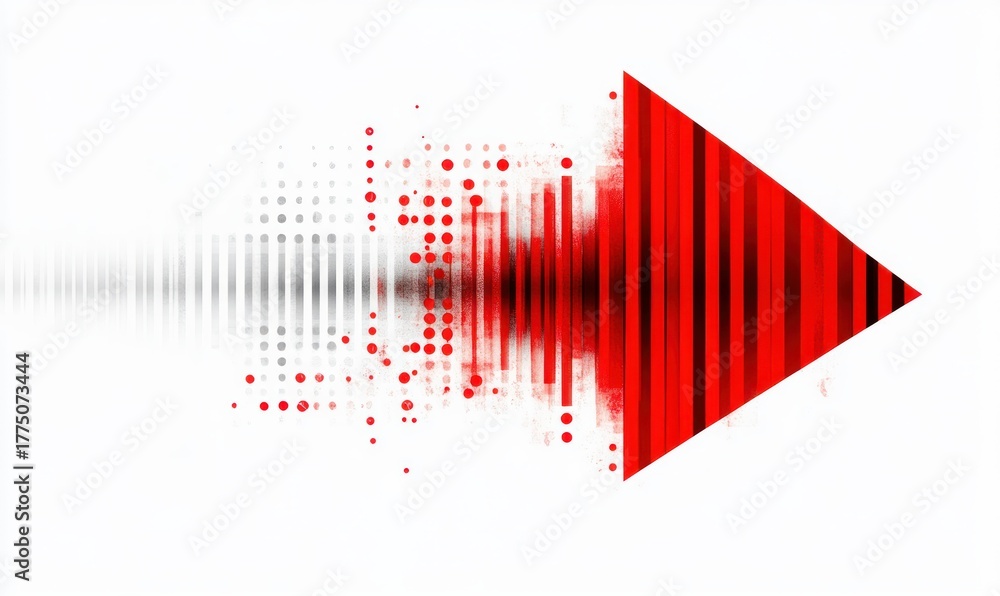 Fototapeta premium Abstract digital arrow composed of red and gray dots and vertical bars moving from left to right symbolizing progress and motion
