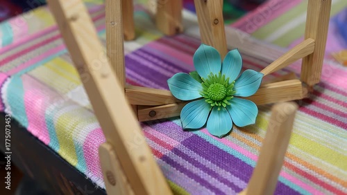 Floral Object in Cerulean and Verdant Hues Positioned on a Multicolored Striped