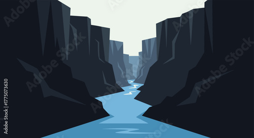 A vast deep canyon with steep dark rock walls and a winding blue river flowing through it