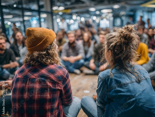 A group of diverse young adults sit in a circle for a discussion in a modern open office environment.
