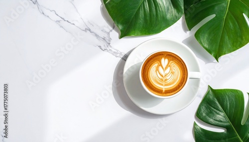 Latte art with leaf decorations and natural elements on a white marble background